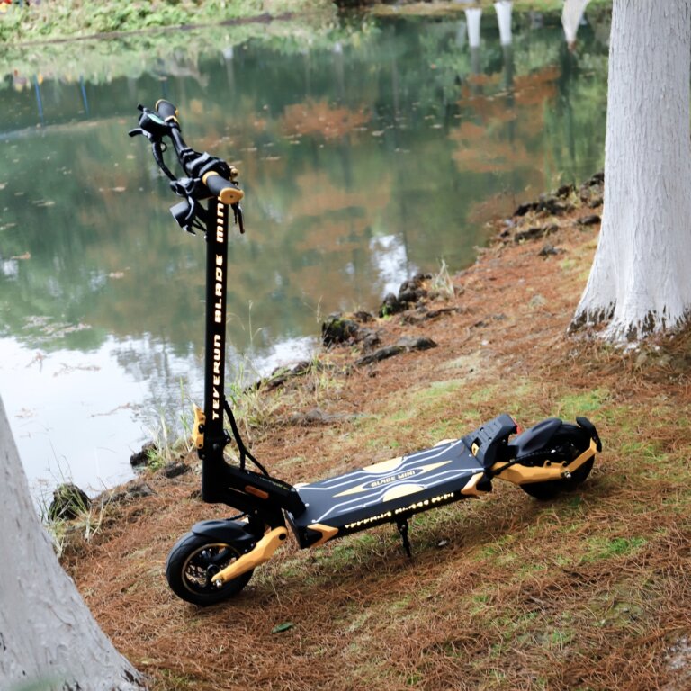 A Blade Mini Pro scooter is parked near a pond.