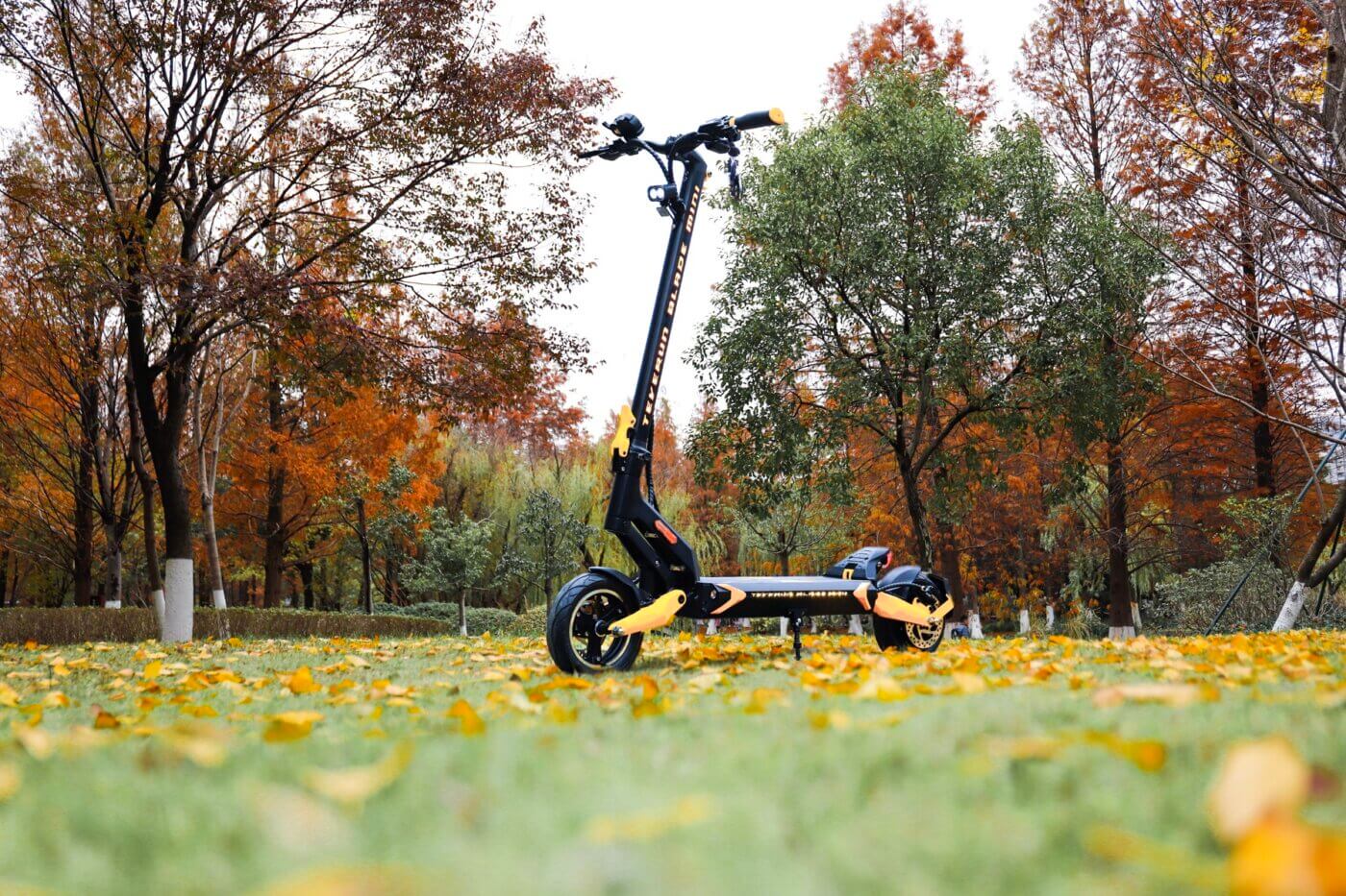 A Blade Mini Pro electric scooter parked in a grassy field.