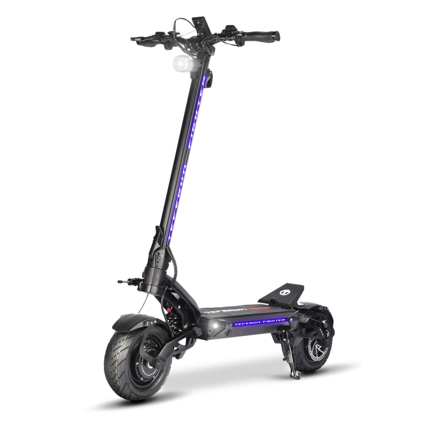 A black and purple Fighter 11 electric scooter.