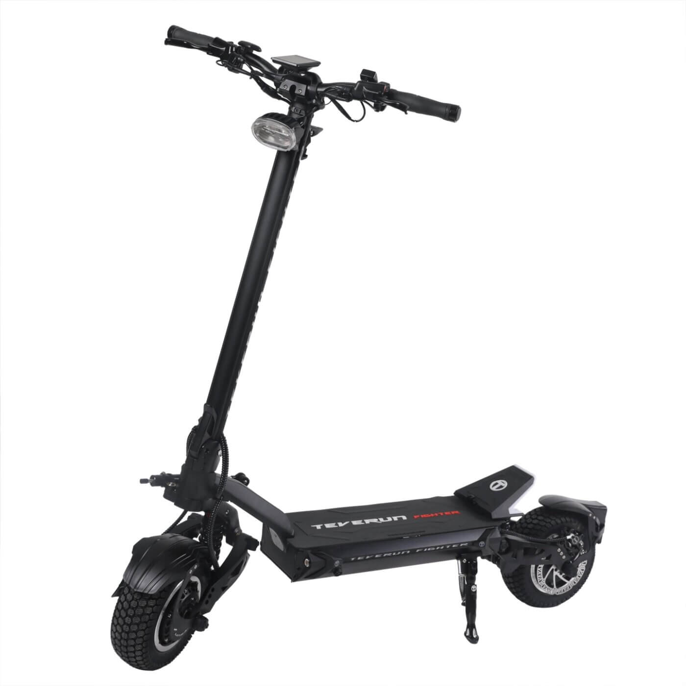 A black electric scooter on a white background, dubbed the Fighter 10.