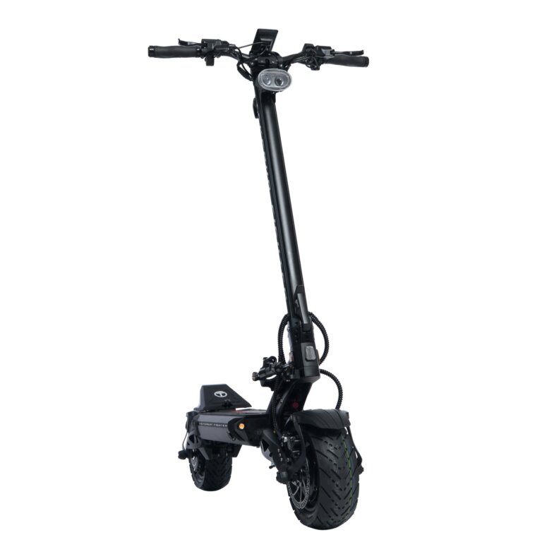 A black electric scooter on a white background, featuring the Fighter 11.