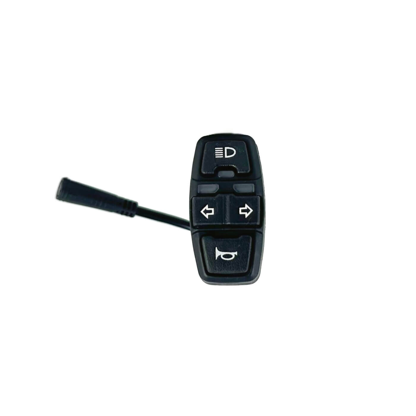 A black remote control featuring a Lights and Horn Button Module on a white background.